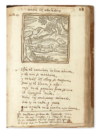 MANUSCRIPT.  Alciato, Andrea. Emblemas [spine title]. Manuscript in Spanish on paper, illustrated with woodcuts from a printed edition.